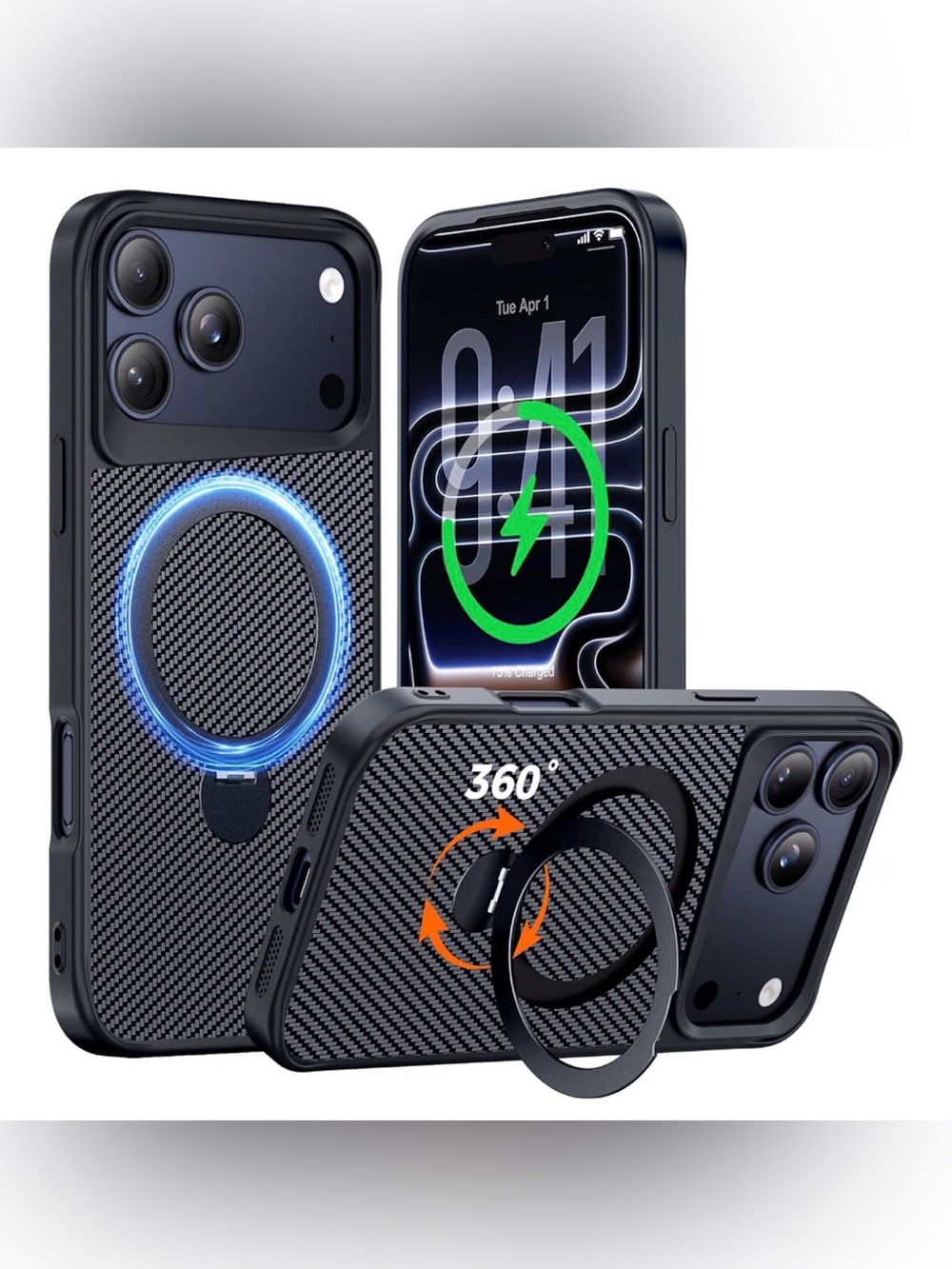 Black Carbon Fiber MagSafe iPhone 17pro Max Case with 360° Magnetic Stand